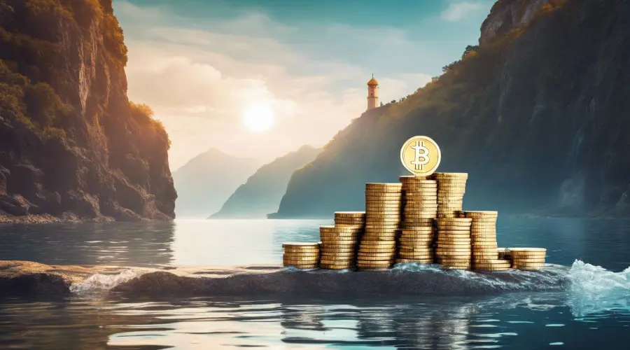 Bitcoin stack on digital chart, seascape background evoking financial stability.