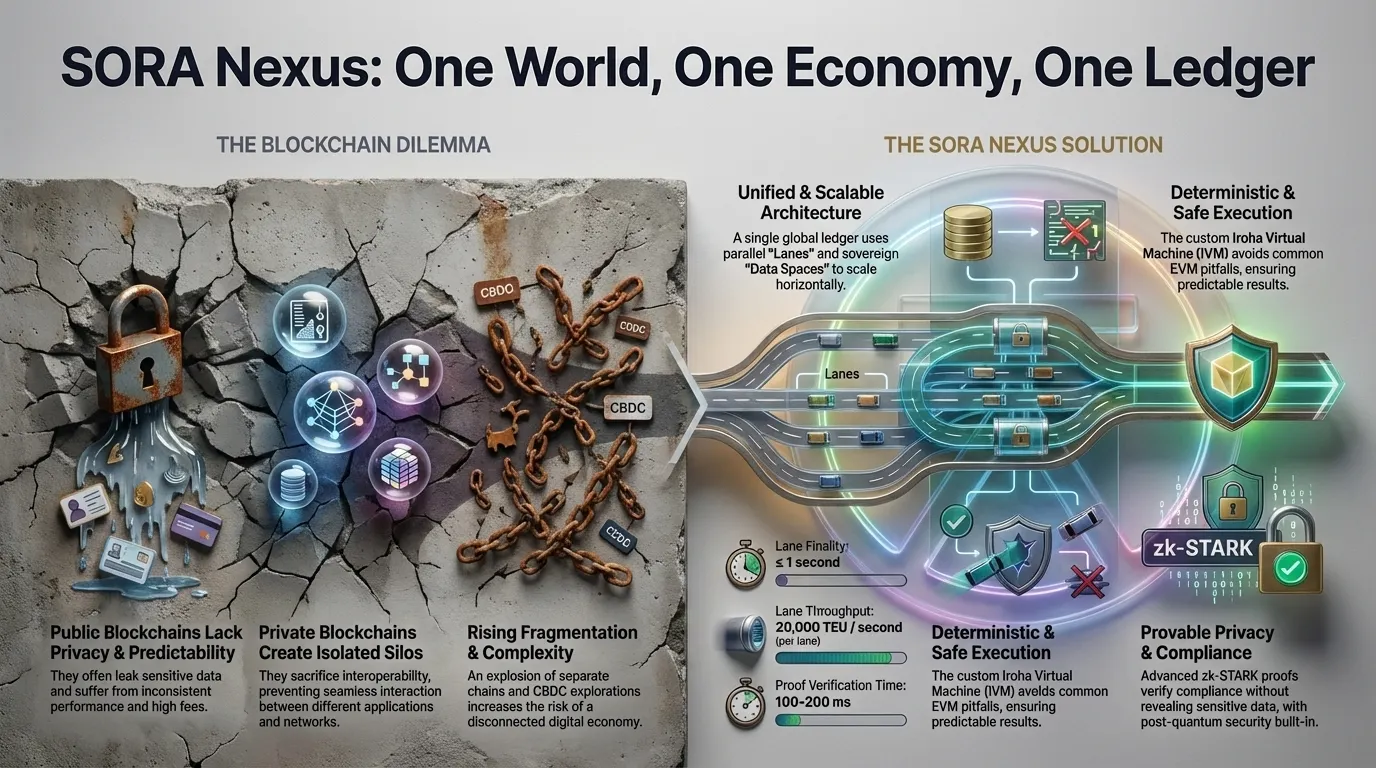 Infographic comparing blockchain fragmentation problems with SORA Nexus solution: unified architecture with parallel lanes, deterministic IVM execution, and zk-STARK privacy proofs